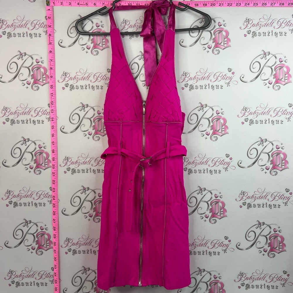 Dress belted satin tie halter Fuchsia Halter Zip-Front Dress with Waist Tie